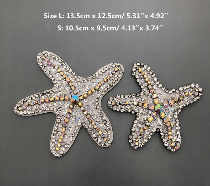 ESH7 2 Pcs Bling Starfish Rhinestone Crystal Bead Sequins Applique Patches, Sew On Stars Patch DIY Decorative for T-Shirt Dress Clothing Jeans Jackets Handbag Clothes - Image 2